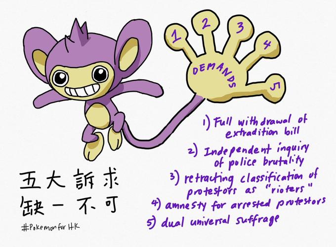 2 DEMAN'S Full with drawal of extradition bill 2) Independent inquiy of police brutalty ) re traching classification of protestors as "rioters" amnesty for arrested pntesto rs dual univeral sutfrage 五大訴求 缺- 不可 #Pokemon fr HK