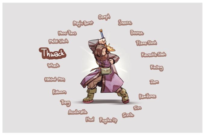 Oomph Magic Borst Snoozens HocuS Pocos Boonce Metal Slash Flame Slash Thoads Kacradle Slash Whack Kadang Hatchet Man ZOGM Kaboom Kamikazce Bang Sizz AcceloratHe Si22le Heal Psgche Up