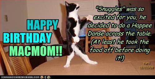 Snuggles" was so excited for you, he decided to do a Happee Danse across the table At least he took the food off before doing itD HAPPY BIRTHDAY MACMOM!! 12/22/09 CANHASCHEE2EURGER cOM