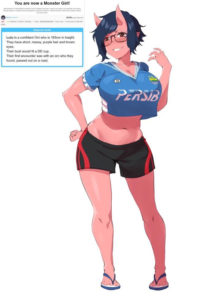 You are now a Monster Girl! Reincarnation? Transportation to another world? Whatever the case, it seems your body is now partially non-human! "Results based on "Monster Girl Encyclopedia" for reference (NSFW). "Please feel free to take some creative freedom with your results. 58,355 people diagnosed @NightFeverFrofi Hot! 31 Monster NSFW Fantasy R Tweets #MonsterGirlGenerator O Daily results Result patterns 27,896,798,1 60,000 Diagnosis results Lulu is a confident Oni who is 165cm in height. They have short, messy, purple hair and brown eyes. Their bust would fit a DD cup. Their first encounter was with an orc who they found, passed out on a road. PERSIB PERSIB