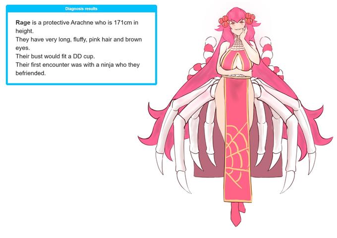 Diagnosis results Rage is a protective Arachne who is 171cm in height. They have very long, fluffy, pink hair and brown eyes. Their bust would fit a DD cup. Their first encounter was with a ninja who they befriended.