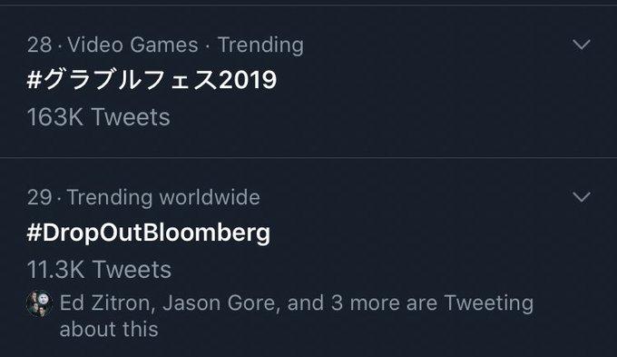 28 Video Games Trending #グラブルフェス2019 163K Tweets 29 Trending worldwide #DropOutBloomberg 11.3K Tweets 9 Ed Zitron, Jason Gore, and 3 more are Tweeting about this