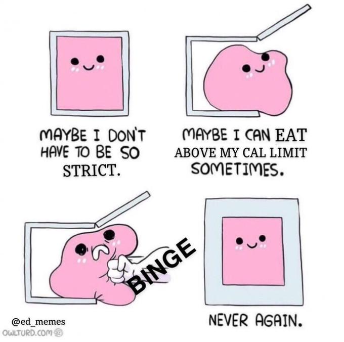 MAYBE I DON'T HAVE TO BE SO MAYBE I CAN EAT ABOVE MY CAL LIMIT STRICT. SOMETIMES. BINGE @ed_memes OWLTURD.COM NEVER AGAIN.