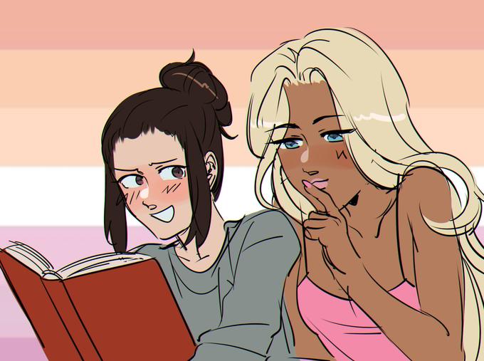 "Happy pride month to these two couples" Bimbofication | tanned girl with blonde hair and a low cut pink tank top looking over the shoulder of a shorter girl with dark hair tied back and wearing a grey shirt. the background of the drawing is the lesbian f