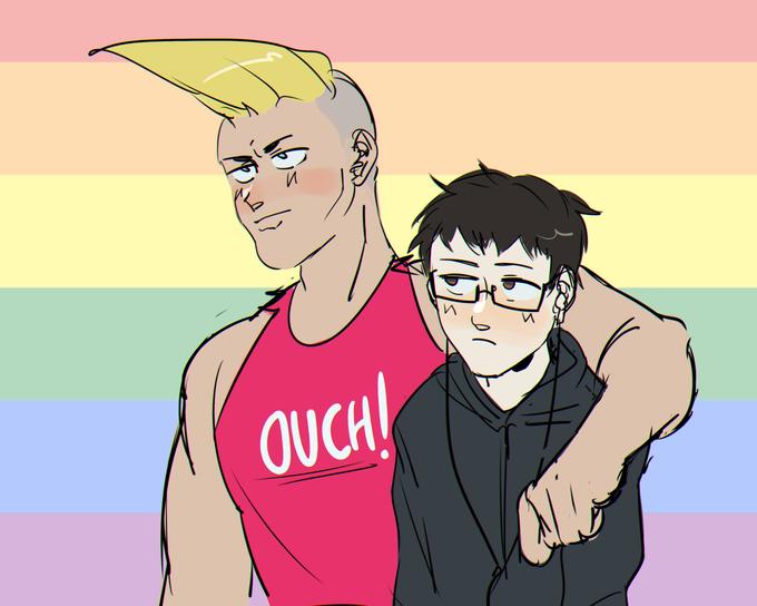 "Happy pride month to these two couples" Virgin vs. Chad | tall buff guy with a blonde mohawk wearing a pink shirt with the word "ouch" written on it with his arm around a shorter guy with dark hair and glasses wearing a black hoodie. both are blushing an