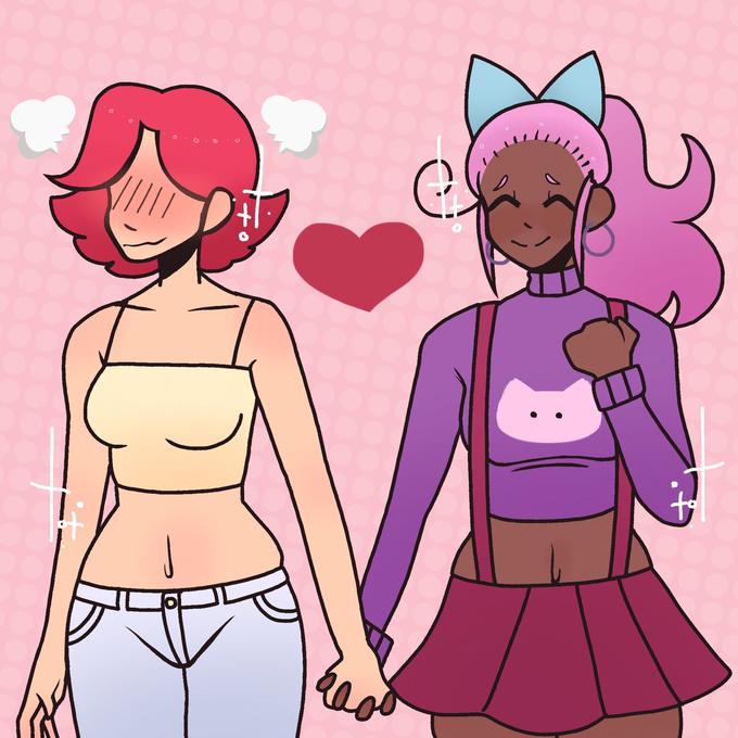 You know that T/E/RF incel post with the “Cesbian” and “Transbian” well / Oopisies / They’re lesbians! | drawing of a girl with short red hair wearing a yellow crop top blushing while holding the hand of a darker skinned girl with pink hair tied in a bow 