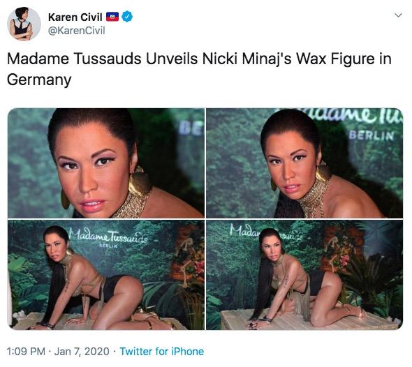 Karen Civil @KarenCivil Madame Tussauds Unveils Nicki Minaj's Wax Figure in Germany aame lu BE BERLIN Madar Madame Tussands 1:09 PM · Jan 7, 2020 · Twitter for iPhone