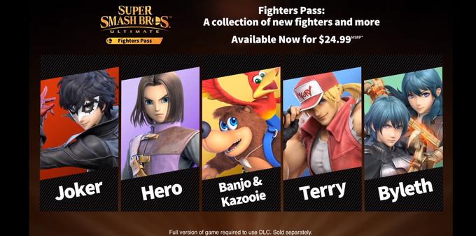 SUPER SMASH BRS Fighters Pass: A collection of new fighters and more ULTIMATE O Fighters Pass Available Now for $24.99"SRP RY Joker Banjo & Kazooie Hero Terry Byleth Full version of game required to use DLC. Sold separately.