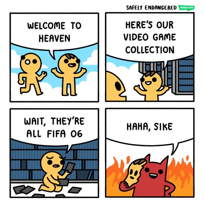 SAFELY ENDANGERED WEBTOON HERE'S OUR WELCOME TO VIDEO GAME HEAVEN COLLECTION WAIT, THEY'RE НАНА, SIKE ALL FIFA 06 Comics Cartoon Text Comics Fiction Line Parallel