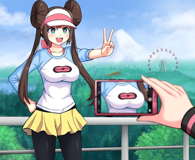 Template for the meme - Rosa posing for a picture and the camera phone is zoomed in on her breasts in the version in which she is wearing a hat