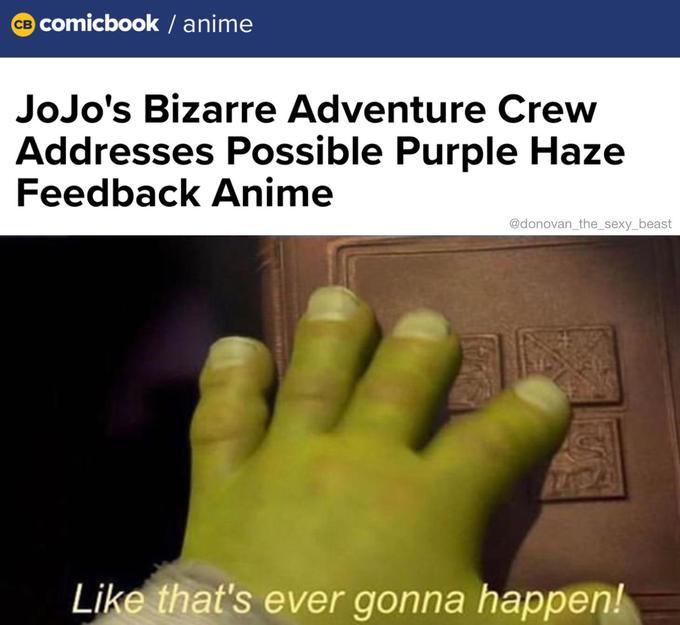 CB Comicbook / anime JoJo's Bizarre Adventure Crew Addresses Possible Purple Haze Feedback Anime @donovan_the_sexy_beast Like that's ever gonna happen!