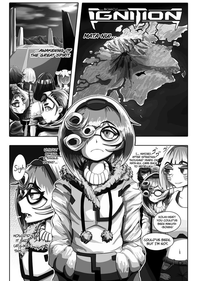 BIONICLE. GNIION MATA-NUl.o. ..AWAKENING OF THE GREAT SPIRIT WITHOUT MAKING A SINGLE FRIEND. I... MATORO, AFTER SPENDING THOUSAND YEARS ON MATA-NUI, CAME BACK TO METRU-NUl. Sight KOLHII-HEAD! YOU COULD'VE BEEN MAKUTA- -BONES! HOW DID ITÊND UR LIKE THIS? COULD'VE BEEN, BUT I'M NOT.