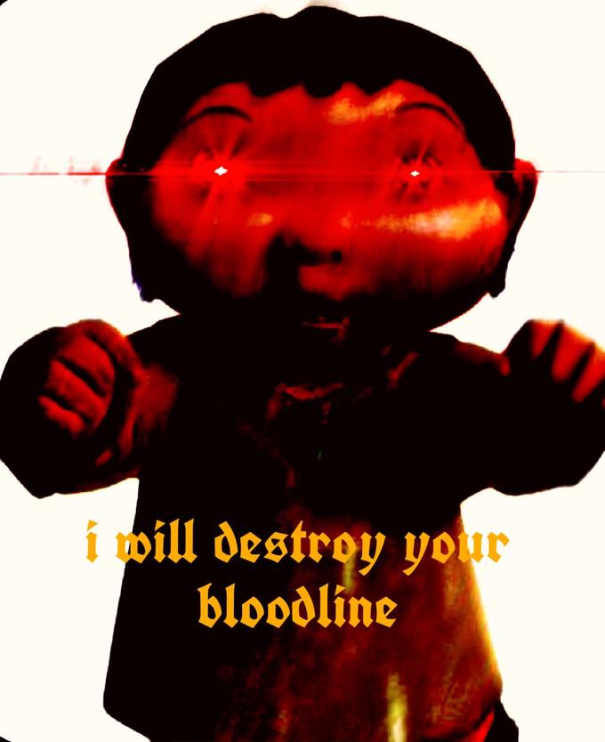 Deep-fried Ice Age Baby Meme with red overlay and glowing eyes with caption using medieval font I WILL DESTROY YOUR BLOODLINE