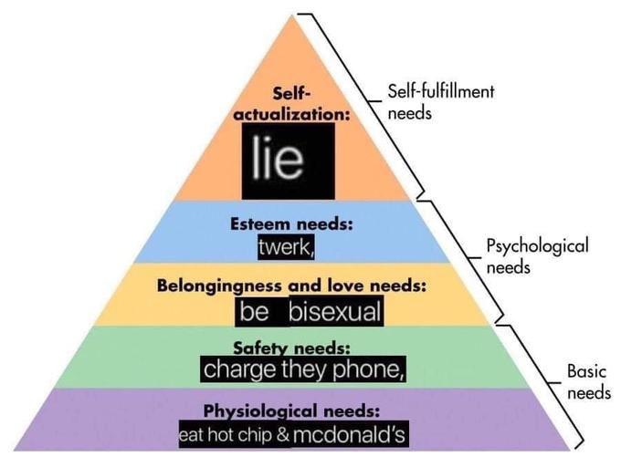 Self-fulfillment needs Self- actualization: lie Esteem needs: twerk, Psychological needs Belongingness and love needs: be bisexual Safety needs: charge they phone, Basic needs Physiological needs: eat hot chip & mcdonald's