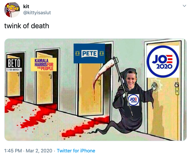 kit @kittyisaslut twink of death 20 PETE 20 BETO KAMALA HARRISFOR THE PEOPLE JOE 2020 ER AMERICA JOE 2020 1:45 PM · Mar 2, 2020 · Twitter for iPhone