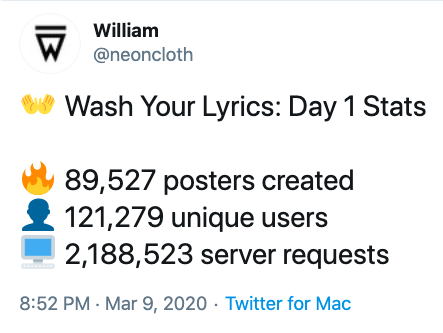 William @neoncloth U Wash Your Lyrics: Day 1 Stats 89,527 posters created 121,279 unique users 2,188,523 server requests 8:52 PM · Mar 9, 2020 · Twitter for Mac