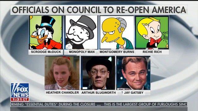 OFFICIALS ON COUNCIL TO RE-OPEN AMERICA SCROOGE MCDUCK MONOPOLY MAN MONTGOMERY BURNS RICHIE RICH /FOX HEATHER CHANDLER ARTHUR SLUGWORTH JAY GATSBY NEWS 1:31 CT DRMING "ESSENTIAL DUTIES" DURING THE CLOSURE THIS IS THE LARGEST GROUP OF FURLOUGHS SINC