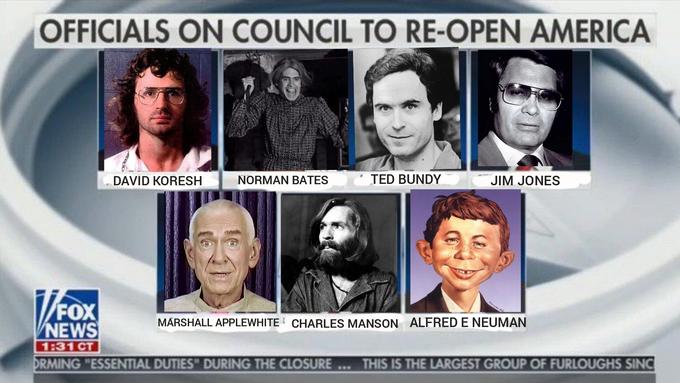 OFFICIALS ON COUNCIL TO RE-OPEN AMERICA DAVID KORESH NORMAN BATES TED BUNDY JIM JONES FOX VFox MARSHALL APPLEWHITE CHARLES MANSON ALFRED E NEUMAN NEWS 1:31 CT ORMING "ESSENTIAL DUTIES" DURING THE CLOSURE ... THIS IS THE LARGEST GROUP OF FURLOUGHS SINC