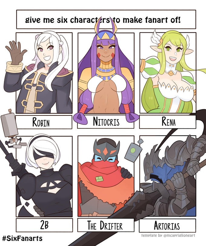 give me six characters to make fanart of! ROBIN NITOCRIS RENA 2B THE DRIFTER ARTORIAS template by @mcapriglioneart #SixFanarts