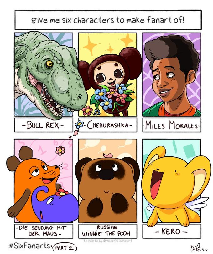 give me six characters to make fanart of! - BULL REX - CHEBURASHKA- MiLes MORALES- |-DIe SENDUNG MIT DER MAUS - RUSSIAN WINNIE THE POOH - KERO - tempiate by Omcapriglioneart #SixFanarts PART 1