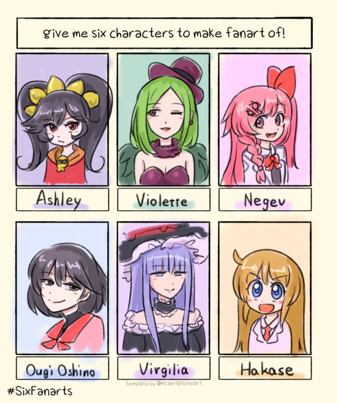 give me six characters to make fanart of! Ashley Violette Negev Ougi Oshino Virgilia Hakase template by @mcapriglioneart #SixFanarts