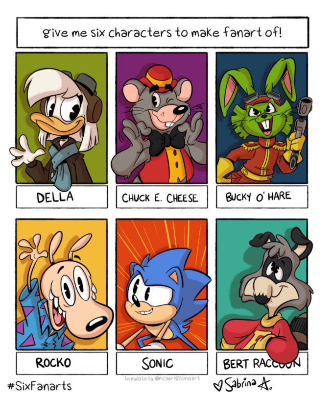 give me six characters to make fanart of! DELLA CHUCK E. CHEE SE BUCKY O' HARE ROCKO SONIC BERT RACCUUN template by Omcapriglioneart #SixFanarts