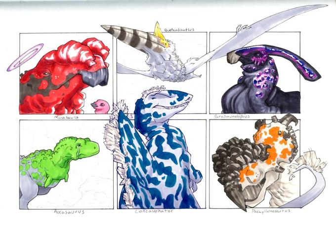 Quetzalcoatlus Maia saura Parasaurolophus Aucasaurus Concavenator Pachylhinoscrus