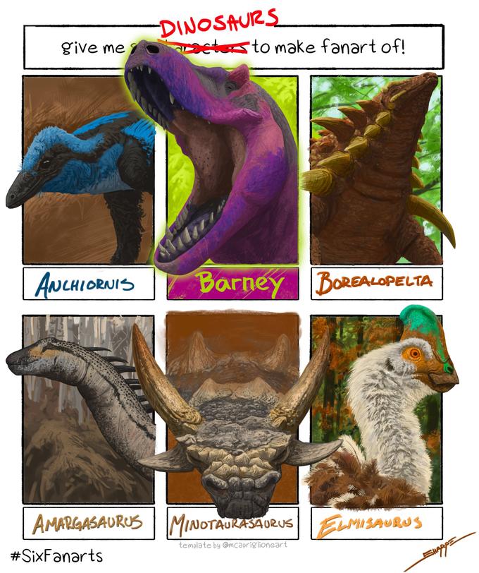 DINOSAURS stersto make fanart of! give me Auсновыиъ Barney BOREALOPELTA CHIORNIS AMARGASAURUS | MINOTAURASAURUS ELMISAURUS template by @mcapriglioneart #SixFanarts
