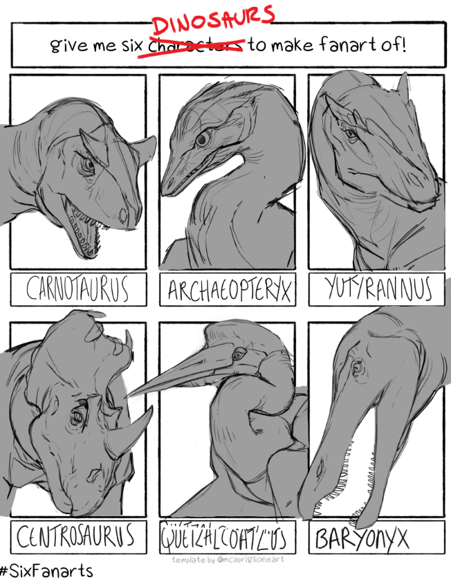 DINOSAURS give me six Charactesto make fanart of! CARNOTAURUS IARCHAEOPTERYX| YUTYRAN NUS |CENTROSAURUS QUEIZA[COAT/L'US | BARYONYX template by @mcapriglioneart #SixFanarts
