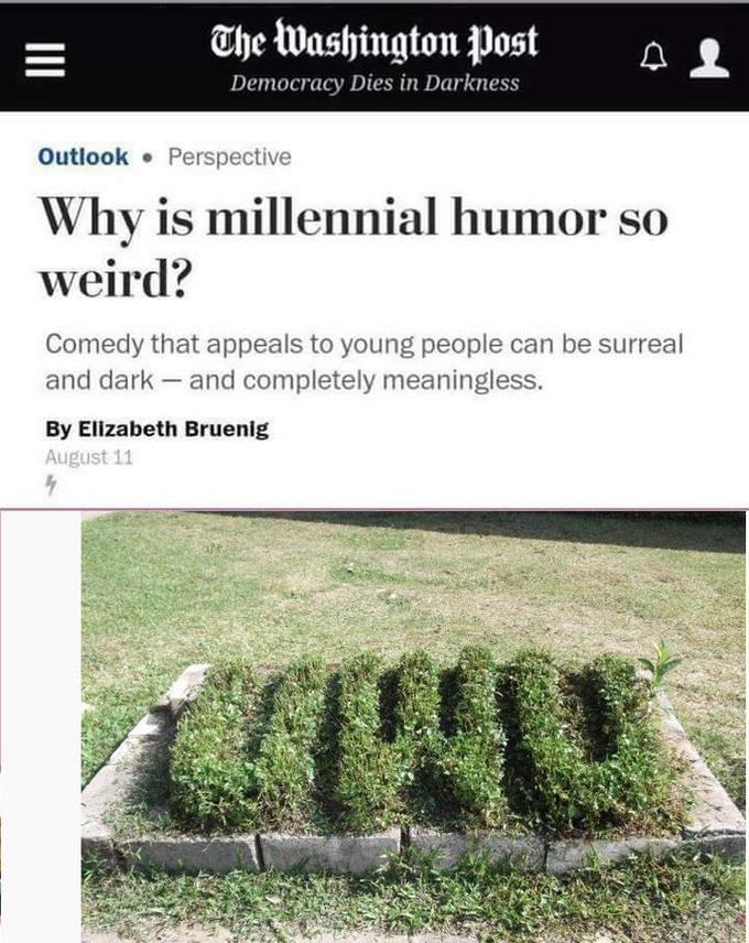 The Washington Post Democracy Dies in Darkness Outlook • Perspective Why is millennial humor so weird? Comedy that appeals to young people can be surreal and dark – and completely meaningless. - By Elizabeth Bruenig August 11 II