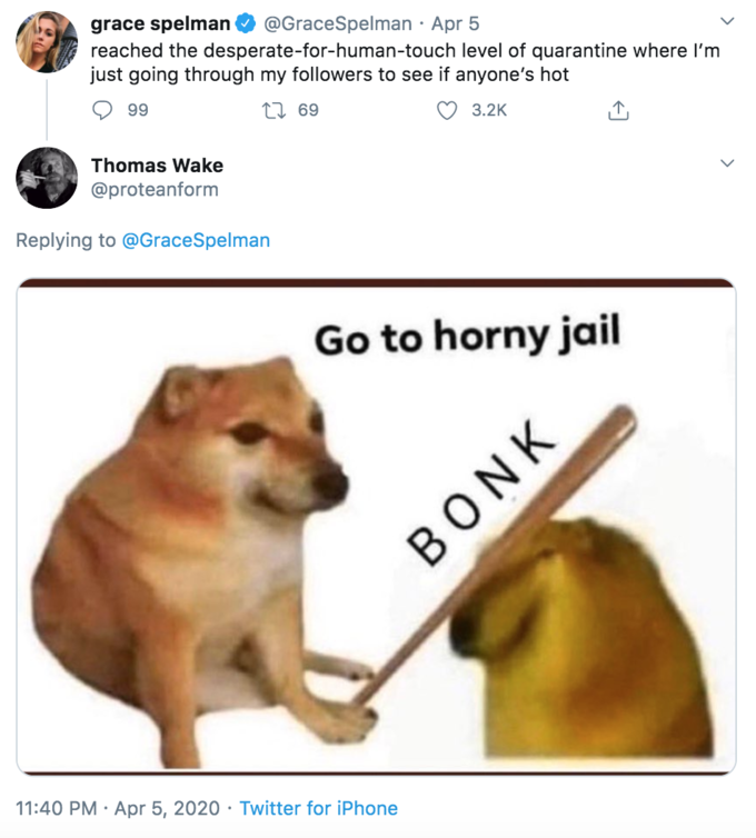 grace spelman reached the desperate-for-human-touch level of quarantine where l'm just going through my followers to see if anyone's hot @GraceSpelman · Apr 5 99 27 69 3.2K Thomas Wake @proteanform Replying to @GraceSpelman Go to horny jail BONK 11:40 PM · Apr 5, 2020 · Twitter for iPhone