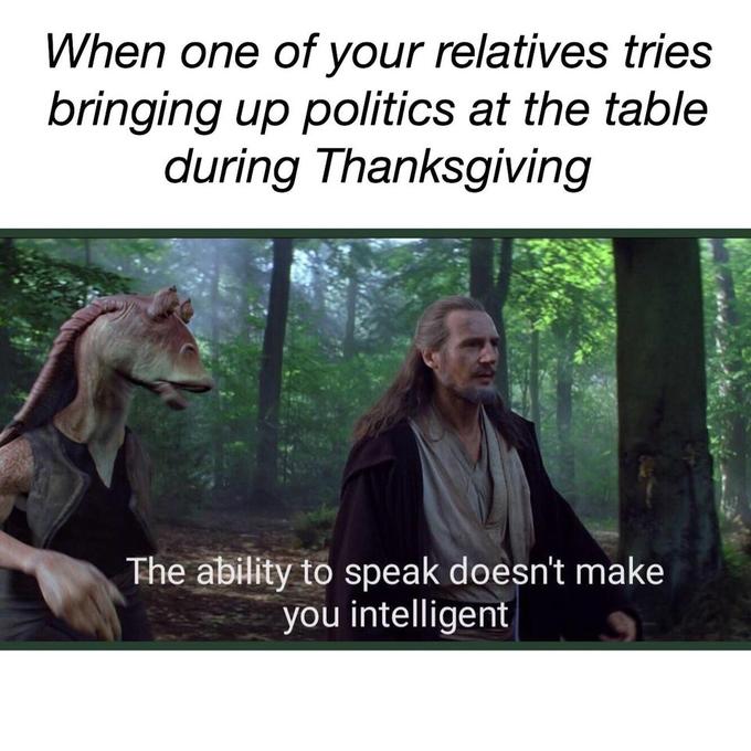 The Ability To Speak Does Not Make You Intelligent Thanksgiving Politics When one of your relatives tries bringing up politics at the table during Thanksgiving The ability to speak doesn't make you intelligent