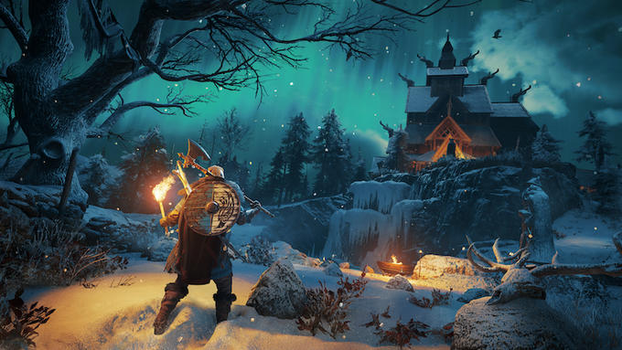 Gameplay Screenshot showing a Norsemen viking standing on a snowy cliff looking at a medieval style house under northern lights