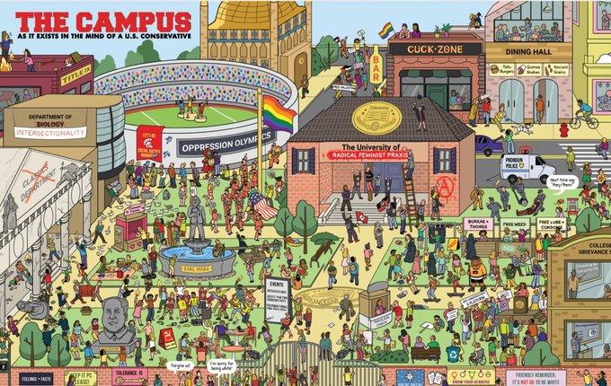 THE CAMPUS AS IT EXISTS IN THE MIND OF A U.S. CONSERVATIVE CUCK-ZONE DINING HALL TITLE Tale Ance Grane DEPARTMENT OF BIOLOGY INTERSECTIONALITY OPPRESSION OLYME CS The University of RADICAL FEMINIST PRAXIS CLA PRONUN POLCEO eyhen" URKAS THONGS FREE COND FRSE WEED MEHARES COLLEG GRIEVANCE Seatngn Furg Teery for being u EPIT PC LEASE TOLERANCE S RILNSINT FRENDLY REMINDER ITS NOT OK BE WTE