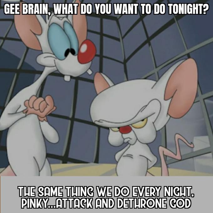 GEE BRAIN, WHAT DO YOU WANT TO DO TONIGHT? THE SAME THING WE DO EVERY NIGHT. PINKY.ATTACK AND DETHRONE COD