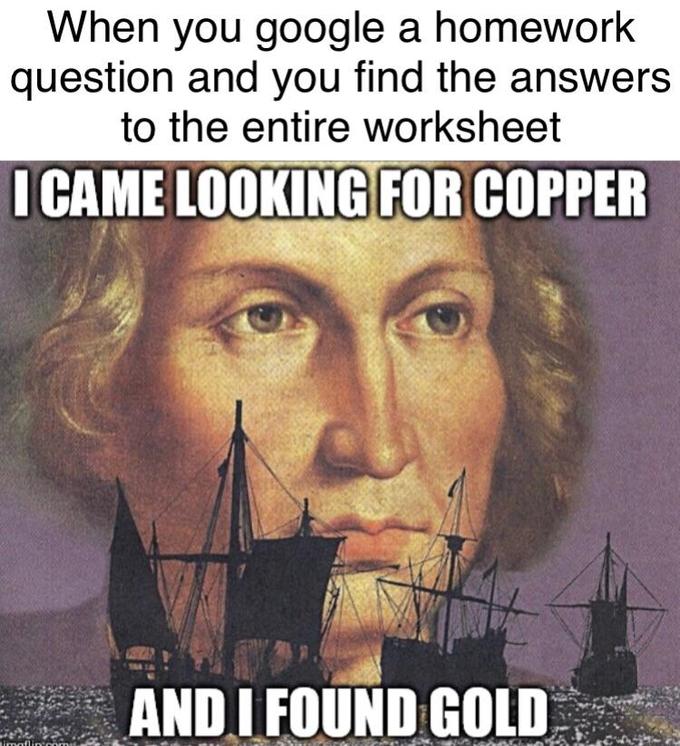 When you google a homework question and you find the answers to the entire worksheet I CAME LOOKING FOR COPPER AND I FOUND GOLD Tmaflin