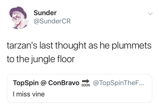 Sunder @SunderCR tarzan's last thought as he plummets to the jungle floor TopSpin @ ConBravo ON @TopSpinTheF... I miss vine >