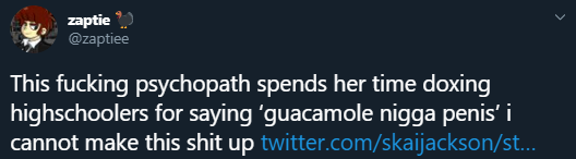 zaptie @zaptiee This f------ psychopath spends her time doxing highschoolers for saying 'guacamole n---- penis' i cannot make this s--- up twitter.com/skaijackson/st..