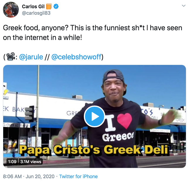 Carlos Gil @carlosgil83 Greek food, anyone? This is the funniest sh*t I have seen on the internet in a while! R: @jarule // @celebshowoff) EK BAK GRE DELI GOVER 63 EF Greece Papa Cristo's Greek Deli | 1:09 3.1M views 8:06 AM · Jun 20, 2020 · Twitter for iPhone