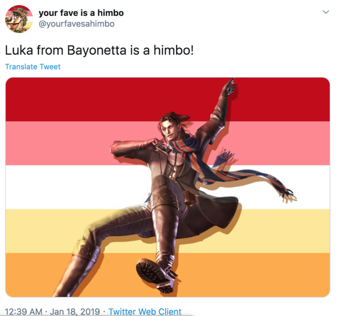 your fave is a himbo @yourfavesahimbo Luka from Bayonetta is a himbo! Translate Tweet 12:39 AM Jan 18, 2019 · Twitter Web Client