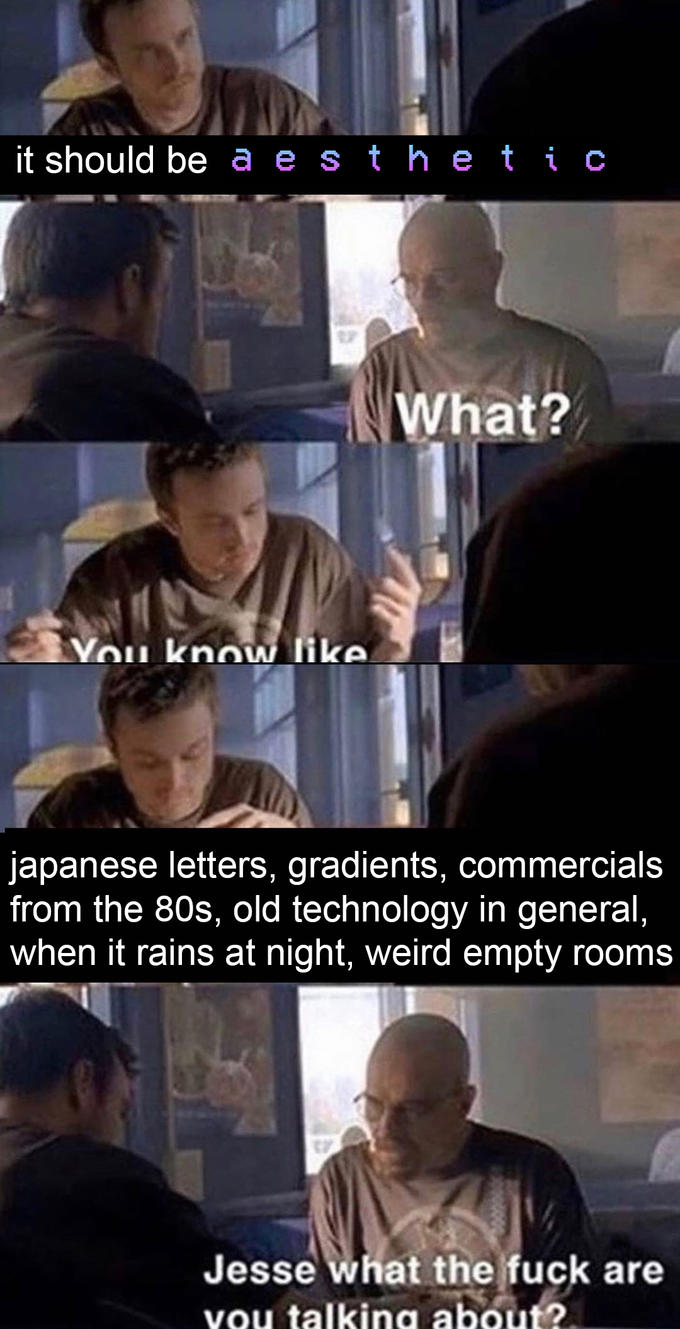 it should be a e s t he t ic What? You know like japanese letters, gradients, commercials from the 80s, old technology in general, when it rains at night, weird empty rooms Jesse what the f--- are You talking about?