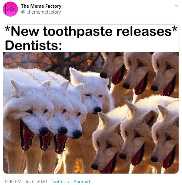 The Meme Factory @_thememefactory THE MEME FACTORY *New toothpaste releases* Dentists: 10:40 PM · Jul 6, 2020 · Twitter for Android