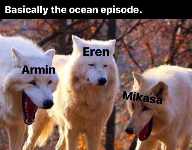 laughing wolves meme about basically the ocean episode armin and mikasa laughing and Eren not finding it amusing at all