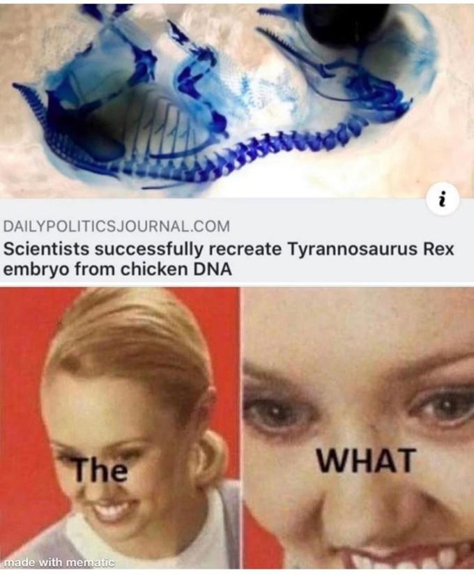 DAILYPOLITICSJOURNAL.COM Scientists successfully recreate Tyrannosaurus Rex embryo from chicken DNA The WHAT made with mematic