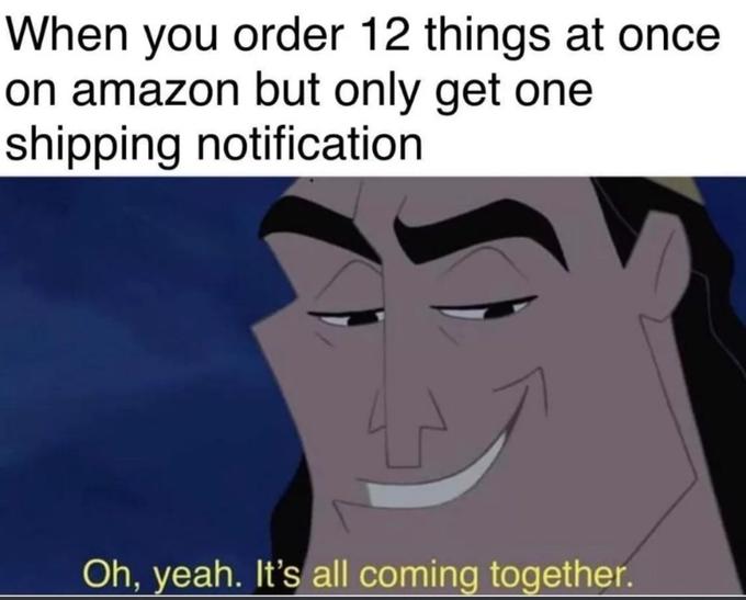 When you order 12 things at once on amazon but only get one shipping notification Oh, yeah. It's all coming together.