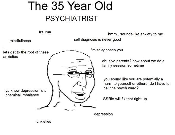 The 35 Year Old PSYCHIATRIST trauma hmm.. sounds like anxiety to me mindfullness self diagnosis is never good *misdiagnoses you lets get to the root of these anxieties abusive parents? how about we do a family session sometime you sound like you are potentially a harm to yourself or others, doI have to call the psych ward? ya know depression is a chemical imbalance SSRIS will fix that right up depression anxieties