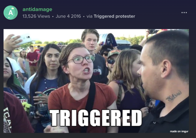 A antidamage 13,526 Views • June 4 2016 • via Triggered protester ATH Selva) TRIGGERED made on imgur