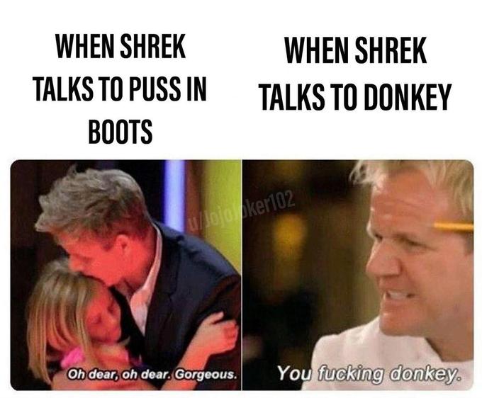 WHEN SHREK WHEN SHREK TALKS TO P--- IN TALKS TO DONKEY ВОOTS u/ojooker102 Oh dear, oh dear. Gorgeous. You f------ donkey.