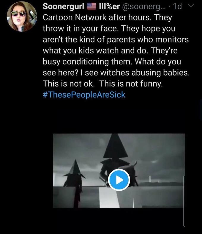 Soonergurl III%er @soonerg.. · 1d Cartoon Network after hours. They throw it in your face. They hope you aren't the kind of parents who monitors what you kids watch and do. They're busy conditioning them. What do you see here? I see witches abusing babies. This is not ok. This is not funny. #ThesePeopleAreSick