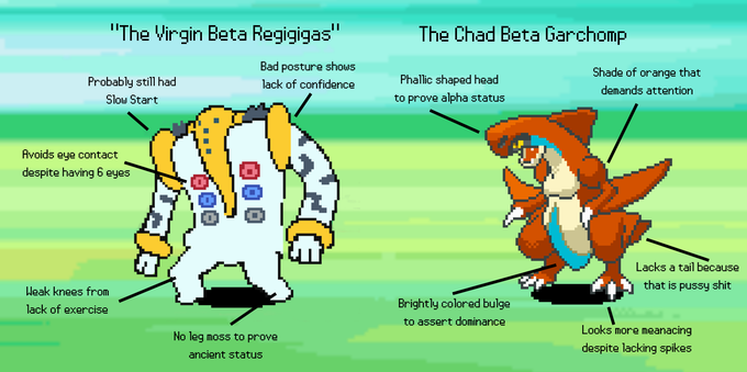 "The Virgin Beta Regigigas" The Chad Beta Garchomp Bad posture shows Shade of orange that Probably still had lack of confidence Phallic shaped head demands attention Slow Start to prove alpha status Avoids eye contact despite having 6 eyes Lacks a tail because that is p---- s--- Weak knees from lack of exercise Brightly colored bulge to assert dominance Looks more meanacing No leg moss to prove despite lacking spikes ancient status